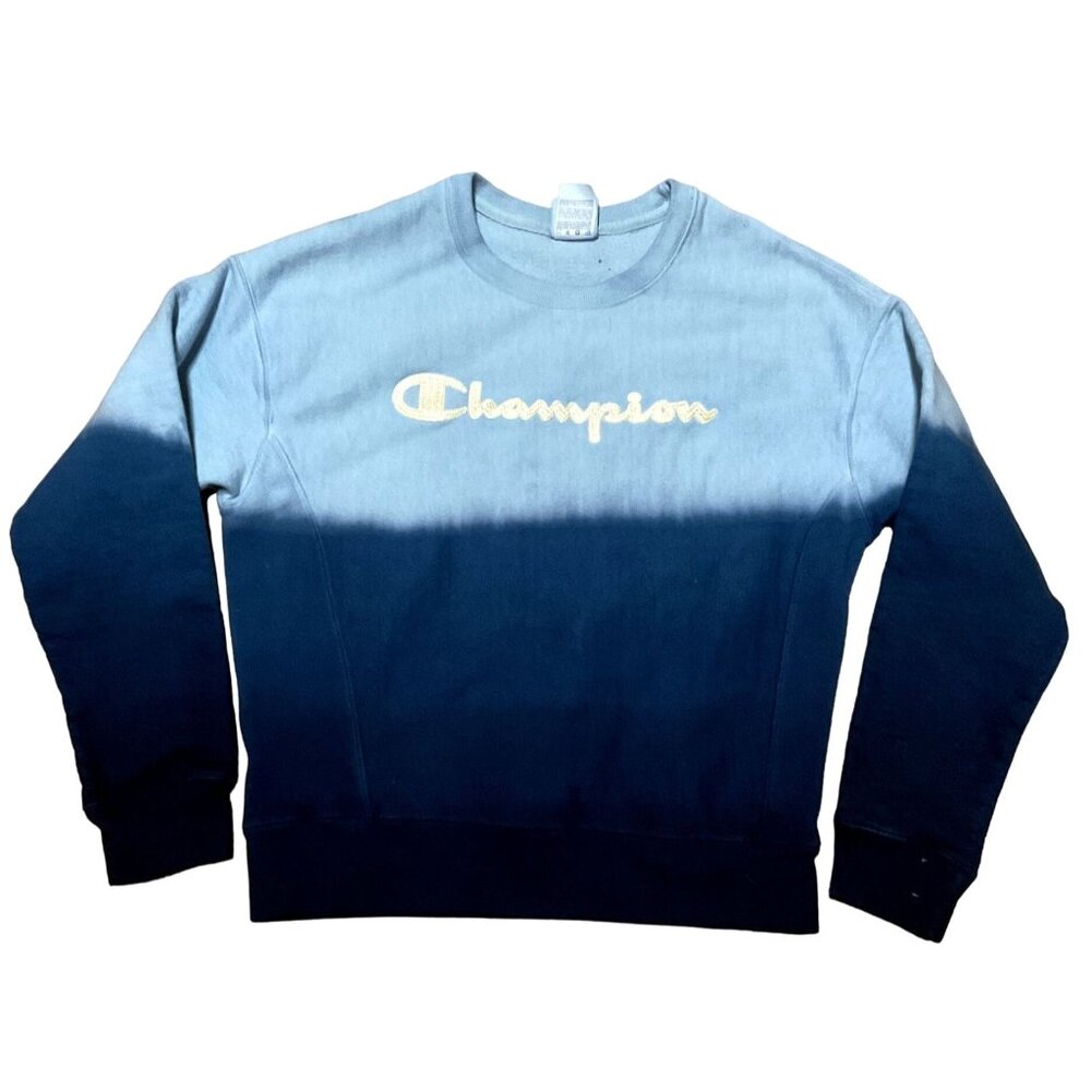 Vtg Champion Reverse Weave Blue Sweatshirt Sz S Hombre Pattern Embroidered Logo